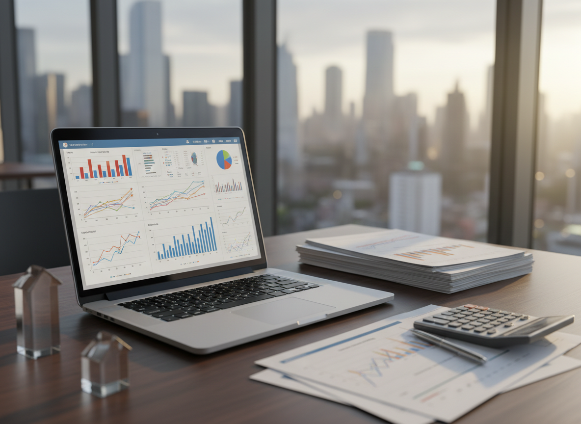 A sleek brushed-aluminum laptop open on a dark walnut desk, its screen filled with colorful charts, supply-demand curves, and macroeconomic dashboards. Around it lie neatly stacked printed reports with crisp line graphs, a silver calculator, and a minimalist glass paperweight shaped like a rising arrow. The setting is a high-rise office interior with floor-to-ceiling windows revealing a softly blurred city skyline. Late afternoon natural light pours in, creating clean reflections on the laptop surface and subtle shadows on the desk. Photographic realism, shot at eye level with a shallow depth of field that keeps the laptop and papers in sharp focus while the city recedes into soft bokeh. The mood is analytical yet optimistic, conveying modern applied economics in action.
