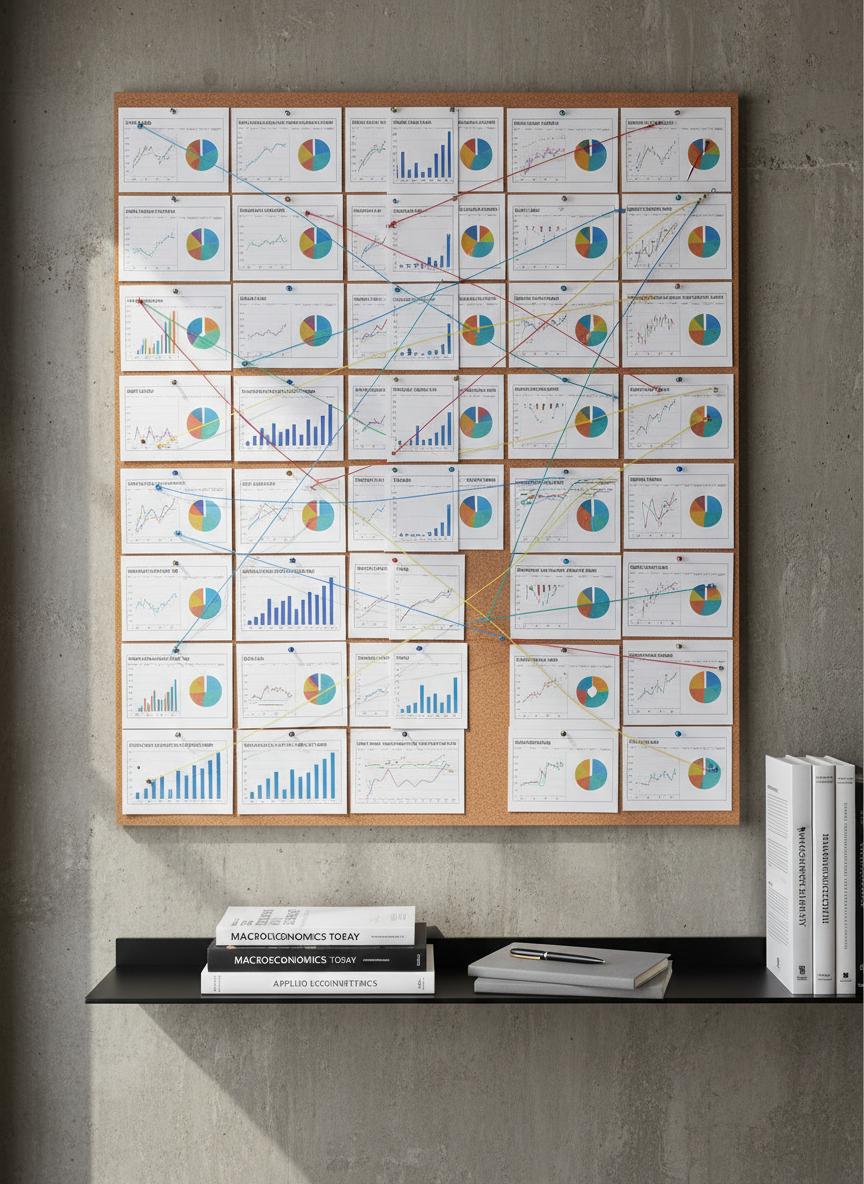 A meticulously arranged corkboard covered in pinned index cards, each displaying neatly printed economic metrics, small pie charts, and bar graphs on matte white paper. Color-coded thread connects related cards, weaving a visible network of concepts like inflation, wages, housing, and productivity. The board is mounted on a concrete wall in a minimalist workspace, with a matte-black metal shelf below holding a few economics textbooks and a graphite-grey notebook. Soft overcast window light from the left creates gentle, even illumination with mild shadows under the cards, emphasizing depth and texture. Photographic realism with a slightly elevated, straight-on composition and moderate depth of field, making the central cluster of cards crisp while edges blur slightly. The atmosphere is thoughtful, systematic, and investigative, evoking the practical puzzle-solving side of applied economics.