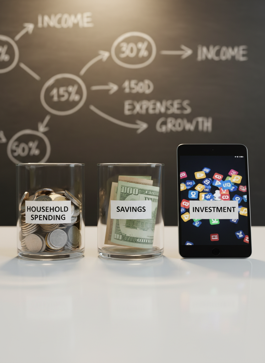 A close-up of a clean white tabletop where three transparent glass containers hold different forms of money: polished coins, crisp folded banknotes, and a small pile of digital icons displayed on a slim black tablet screen. Each container has a minimalist label like “Household Spending,” “Savings,” and “Investment” printed in precise sans-serif type. Behind them, a blurred chalkboard features sketched arrows, percentages, and simple diagrams showing money flows through an economy. Warm studio lighting from above and slightly behind the containers creates gentle highlights on the glass edges and soft shadows on the table. Photographic realism, with a low, eye-level angle and shallow depth of field that emphasizes the containers in sharp focus. The mood is clear, educational, and accessible, illustrating core applied economics concepts for everyday life.